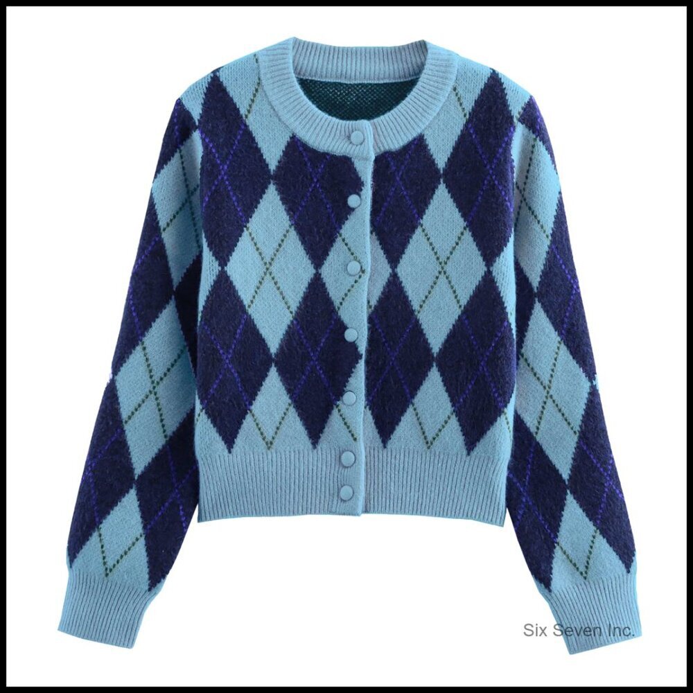 Argyle Preppy Cardigan Sweater Casual Long Sleeve Button Down Knit